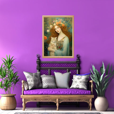 Blooming Serenity, Woman and The Cat Painting, Unframed Printed Art Poster