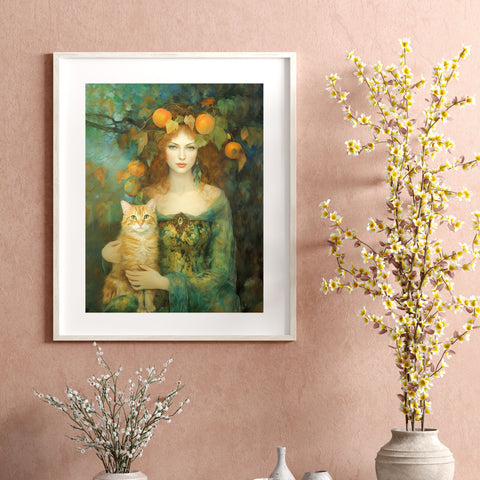 Autumn's Splendor, Lady With Her Cat, Unframed Art Poster