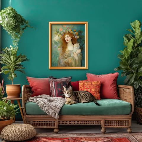 Spring's Fairy Tale, Enchanting Fairy with Her Cat, Unframed Printed Satin Poster