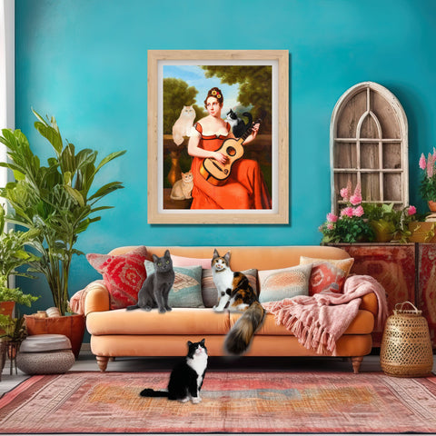 Music Lover Cats, Guitar Player and Her Cats, Unframed Printed Poster