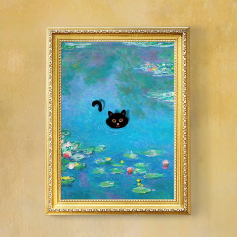 Monet Water Lily Cat Poster, Unframed Printed Satin Poster