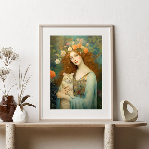 Blooming Serenity, Woman and The Cat Painting, Unframed Printed Art Poster