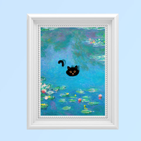 Monet Water Lily Cat Poster, Unframed Printed Satin Poster