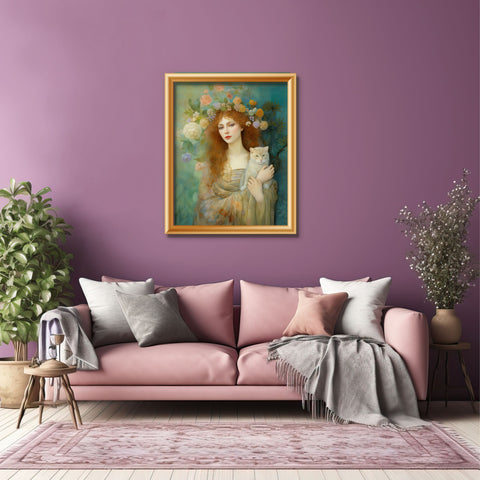 Spring's Fairy Tale, Enchanting Fairy with Her Cat, Unframed Printed Satin Poster