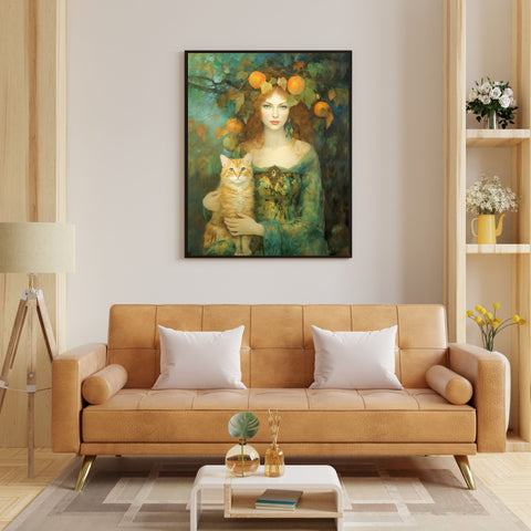 Autumn's Splendor, Lady With Her Cat, Unframed Art Poster