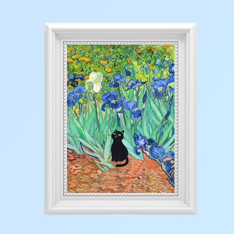 Van Gogh Irises with Cute Black Cat, Printed Satin Poster