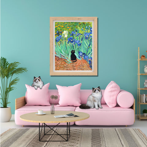 Van Gogh Irises with Cute Black Cat, Printed Satin Poster