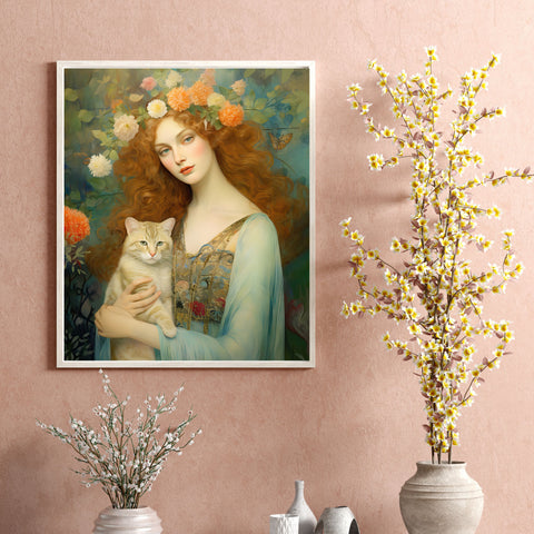 Blooming Serenity, Woman and The Cat Painting, Unframed Printed Art Poster