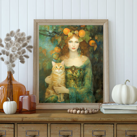 Autumn's Splendor, Lady With Her Cat, Unframed Art Poster