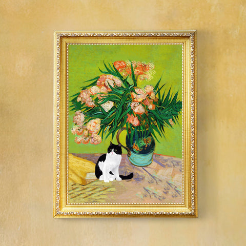 Van Gogh Oleanders Cat Print, Black & White Cat Print, Unframed Satin Poster