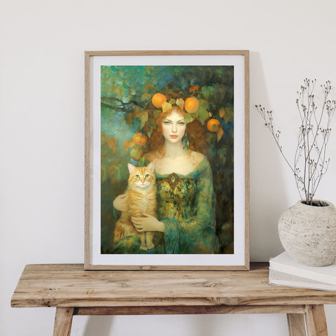 Autumn's Splendor, Lady With Her Cat, Unframed Art Poster