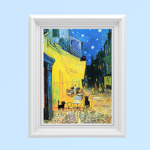 Vincent Van Gogh's Cafe Terrace at Night with 3 Black Cats Poster, Unframed Satin Poster