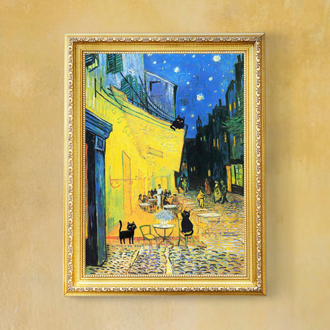 Vincent Van Gogh's Cafe Terrace at Night with 3 Black Cats Poster, Unframed Satin Poster