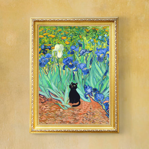 Van Gogh Irises with Cute Black Cat, Printed Satin Poster