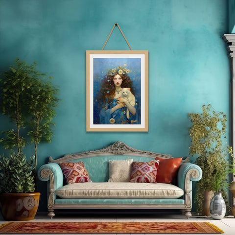 Serenity of the Sea, Sea Goddess and her Cat, Unframed Printed Satin Poster