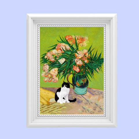 Van Gogh Oleanders Cat Print, Black & White Cat Print, Unframed Satin Poster