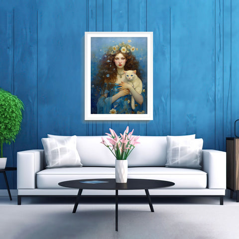 Serenity of the Sea, Sea Goddess and her Cat, Unframed Printed Satin Poster