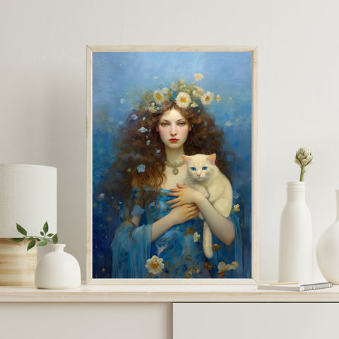 Serenity of the Sea, Sea Goddess and her Cat, Unframed Printed Satin Poster