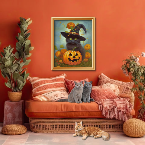 Halloween Kitten with Pumpkin, Unframed Satin Poster