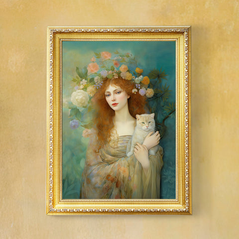 Spring's Fairy Tale, Enchanting Fairy with Her Cat, Unframed Printed Satin Poster