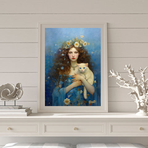 Serenity of the Sea, Sea Goddess and her Cat, Unframed Printed Satin Poster