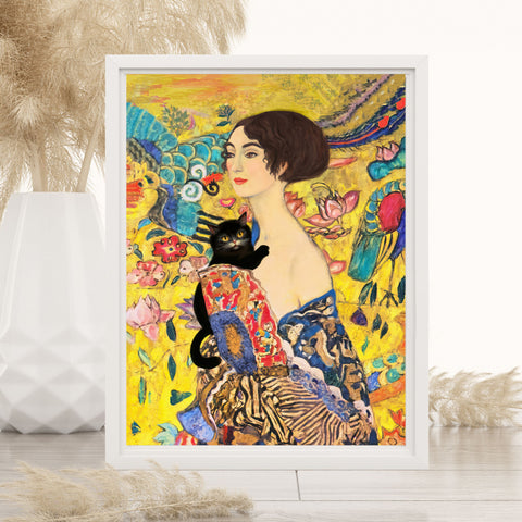 Lady With Fan and Cat, Vintage Gustav Klimt Art, Unframed Poster