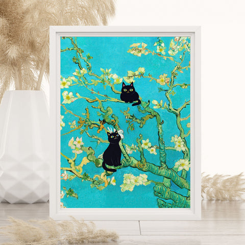 Van Gogh Almond Blossoms with Black Cats, Unframed Printed Satin Poster