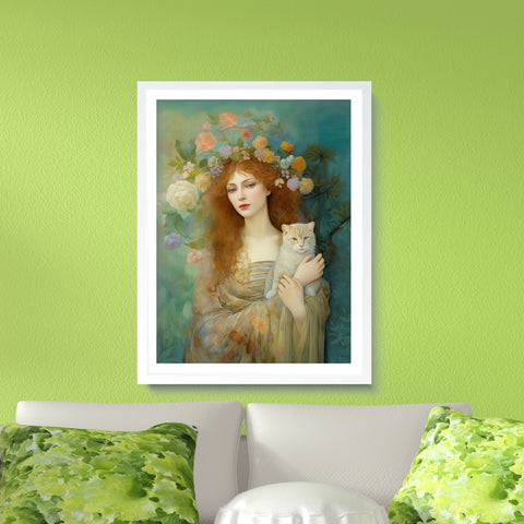 Spring's Fairy Tale, Enchanting Fairy with Her Cat, Unframed Printed Satin Poster