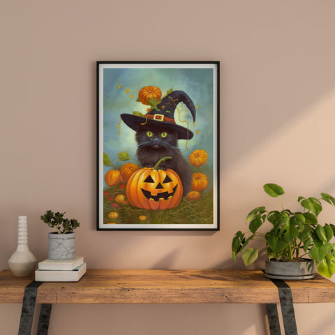 Halloween Kitten with Pumpkin, Unframed Satin Poster