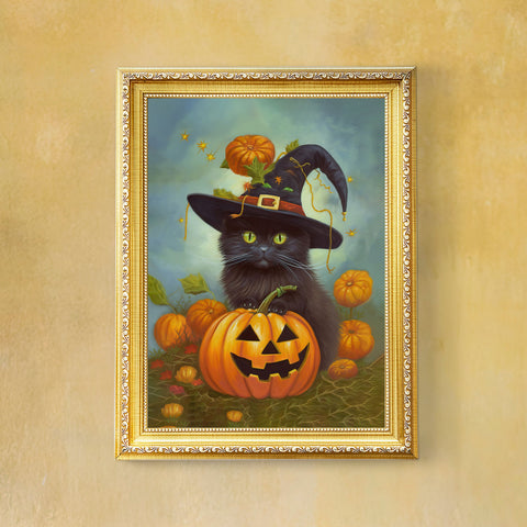 Halloween Kitten with Pumpkin, Unframed Satin Poster