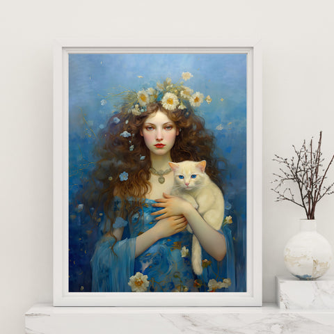 Serenity of the Sea, Sea Goddess and her Cat, Unframed Printed Satin Poster