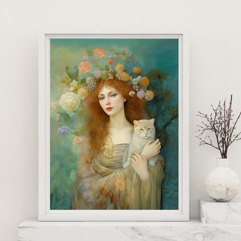 Spring's Fairy Tale, Enchanting Fairy with Her Cat, Unframed Printed Satin Poster