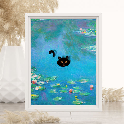 Monet Water Lily Cat Poster, Unframed Printed Satin Poster