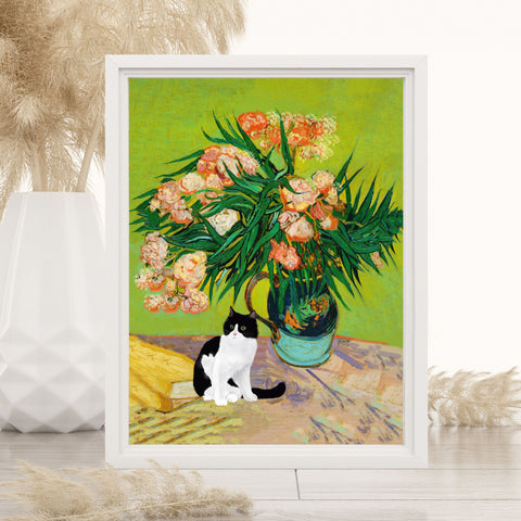 Van Gogh Oleanders Cat Print, Black & White Cat Print, Unframed Satin Poster