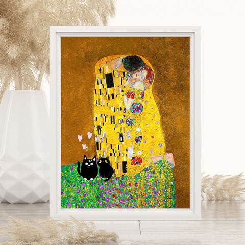 Gustav Klimt The Kiss, Love Cats Print, Unframed Printed Satin Poster