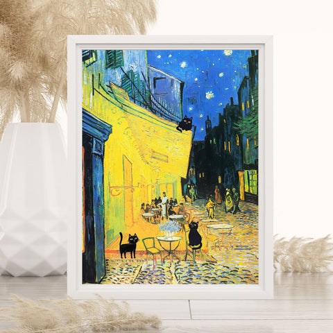 Vincent Van Gogh's Cafe Terrace at Night with 3 Black Cats Poster, Unframed Satin Poster