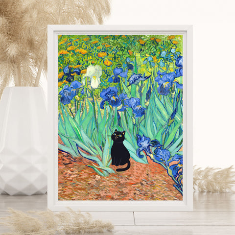 Van Gogh Irises with Cute Black Cat, Printed Satin Poster