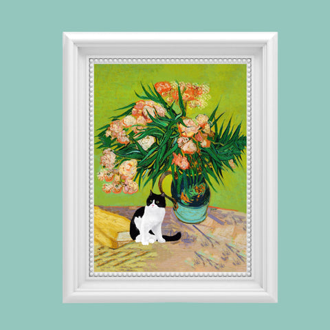 Van Gogh Oleanders Cat Print, Black & White Cat Print, Unframed Satin Poster