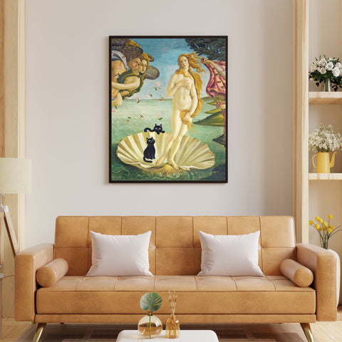 The Birth of Venus with two Black Cats, Botticelli Unframed Satin Art Poster