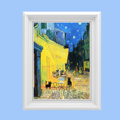 Vincent Van Gogh's Cafe Terrace at Night with 3 Black Cats Poster, Unframed Satin Poster