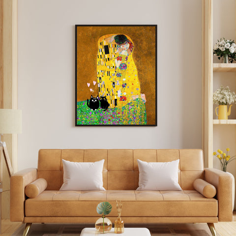 Gustav Klimt The Kiss, Love Cats Print, Unframed Printed Satin Poster