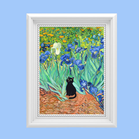 Van Gogh Irises with Cute Black Cat, Printed Satin Poster