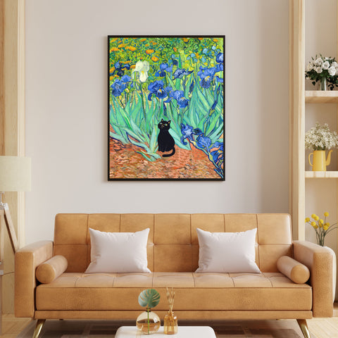 Van Gogh Irises with Cute Black Cat, Printed Satin Poster