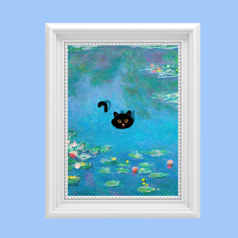 Monet Water Lily Cat Poster, Unframed Printed Satin Poster