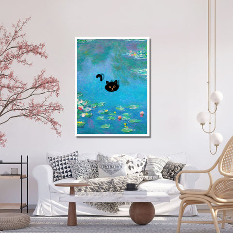 Monet Water Lily Cat Poster, Unframed Printed Satin Poster