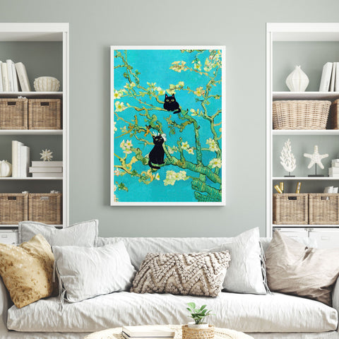 Van Gogh Almond Blossoms with Black Cats, Unframed Printed Satin Poster