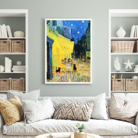 Vincent Van Gogh's Cafe Terrace at Night with 3 Black Cats Poster, Unframed Satin Poster