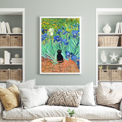 Van Gogh Irises with Cute Black Cat, Printed Satin Poster