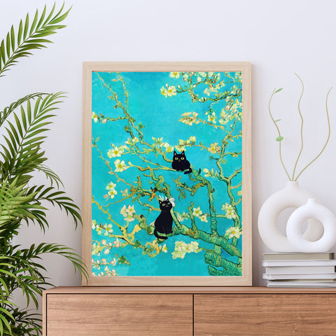 Van Gogh Almond Blossoms with Black Cats, Unframed Printed Satin Poster