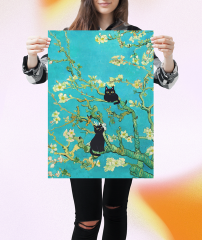 Van Gogh Almond Blossoms with Black Cats, Unframed Printed Satin Poster